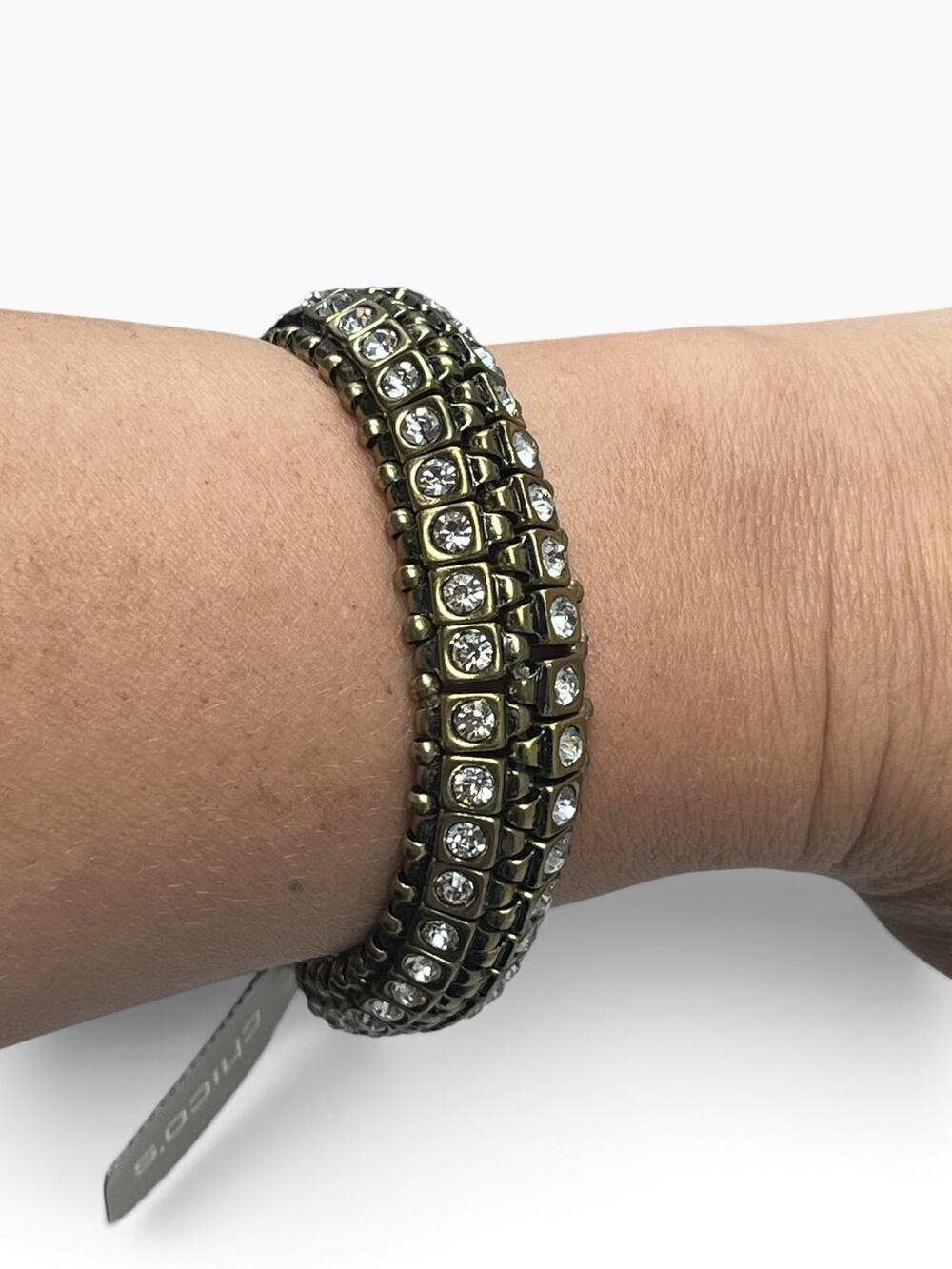 NWT Chico’s Antique Gold / Brass-tone Clear Rhinestone 3-Row Stretch Bracelet